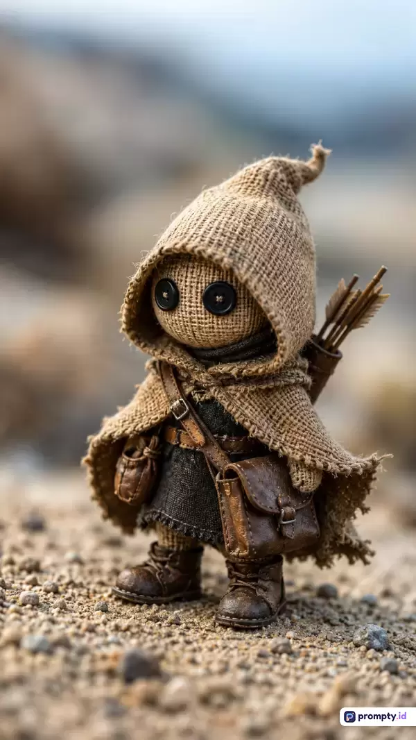 Gambar fotografi bergaya sinematik ini menampilkan boneka rajut buatan tangan yang mengenakan jubah burlap berkerudung dengan mata kancing hitam, membawa tas selempang kulit dan wadah berisi anak panah, berdiri di atas tanah berbatu dengan kata kunci boneka burlap, fantasi, dan petualangan, serta didominasi oleh warna cokelat, abu-abu tua, dan hitam.