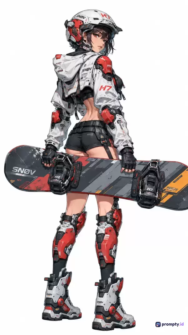 Gambar ini mengusung gaya ilustrasi anime fiksi ilmiah (sci-fi) dan cyberpunk yang menampilkan konten seorang wanita berambut hitam pendek mengenakan pakaian tempur putih beraksen merah, helm futuristik, serta membawa papan seluncur salju dengan kata kunci karakter wanita, mecha, snowboarding, pakaian futuristik, dan sci-fi, yang didominasi oleh warna putih, merah, dan hitam.