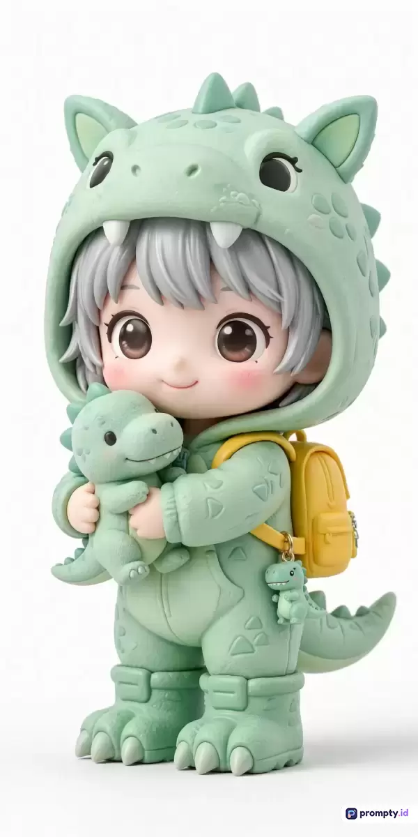 Gambar bergaya figurin vinil 3D ini menampilkan karakter chibi berambut abu-abu yang mengenakan onesie dinosaurus hijau pastel sambil memeluk boneka dinosaurus kecil dan membawa ransel kuning cerah, dengan dominasi warna hijau mint, abu-abu muda, dan kuning cerah yang mencakup kata kunci boneka, mainan desainer, koleksi, dan ilustrasi digital kawaii.