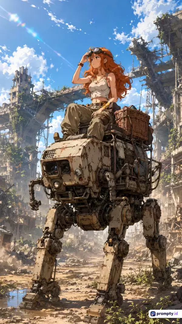 Gambar bergaya anime digital ini menampilkan seorang wanita berambut jingga mengenakan kacamata pelindung di atas robot bipedal berkarat di antara reruntuhan kota pasca-apokaliptik di bawah langit cerah berselimut awan, dengan kata kunci fiksi ilmiah, petualangan, mecha, dan kehancuran, serta didominasi oleh warna biru langit, cokelat karat, dan krem terang.
