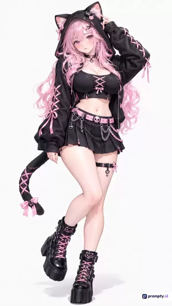 Gambar berformat digital art bergaya anime ini menampilkan karakter wanita berambut merah muda dengan aksesoris telinga kucing, mengenakan pakaian serba hitam bertema goth-kawaii yang dipadukan pita pink, dengan tiga warna dominan yaitu hitam, merah muda, serta putih, dan kata kunci terkait meliputi anime girl, nekomimi, gotham, pastel goth, serta character design.
