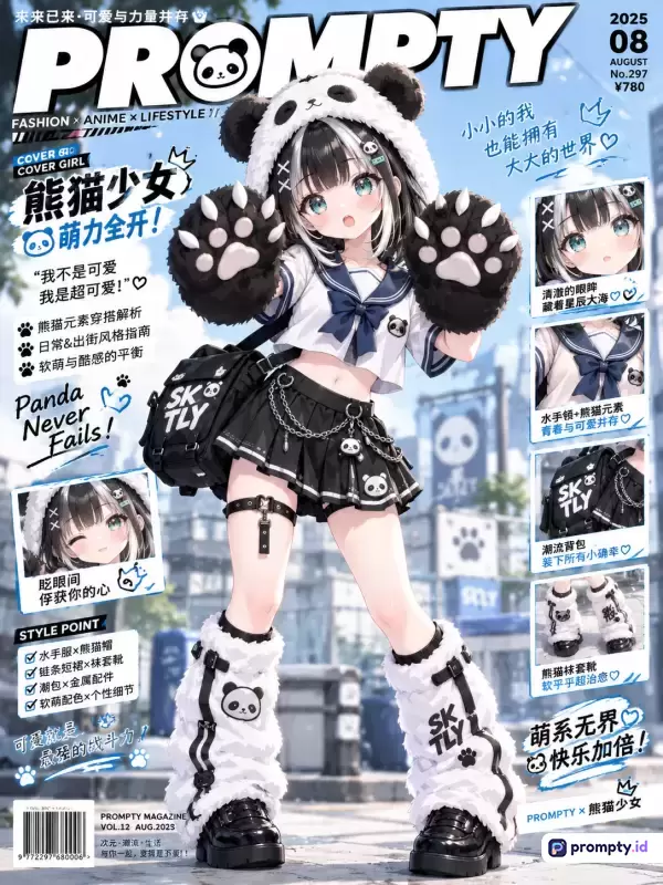Gambar bergaya ilustrasi anime majalah mode Jepang dengan konten gadis berbusana tema panda, latar perkotaan, teks Mandarin, berpalet warna putih, hitam, dan biru, serta kata kunci: anime, mode, panda, majalah, gaya jalanan, kawaii.