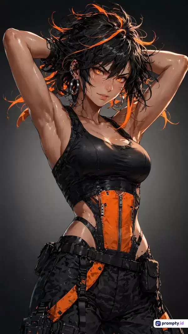 Gambar bergaya ilustrasi digital anime modern beresolusi tinggi ini menampilkan konten karakter wanita tangguh berotot dengan rambut hitam beraksen jingga sedang memegang kepala, menggunakan kata kunci seperti karakter fiksi, cyberpunk, wanita kuat, anime, seni digital, serta didominasi oleh warna hitam, jingga, dan abu-abu.