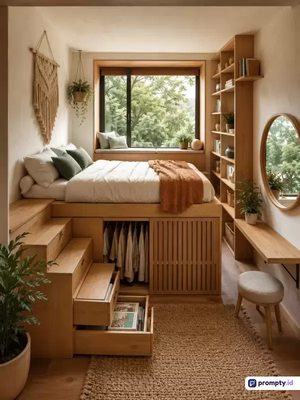 Gambar bergaya fotografi interior minimalis modern ini menampilkan kamar tidur sempit yang fungsional dengan dominasi furnitur kayu terang, dekorasi dinding makrame, rak buku tinggi, cermin bundar, dan jendela besar berpemandangan hijau, serta didominasi oleh palet warna cokelat kayu, putih krem, dan hijau dedaunan, dengan kata kunci: kamar tidur estetik, desain ruang sempit, furnitur multifungsi, interior kayu, dan dekorasi tanaman hias.