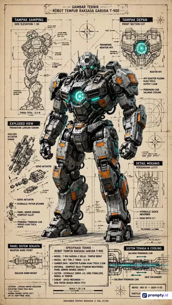 Gambar teknik bergaya cetak biru antik bernuansa krem ini menampilkan konten robot tempur raksasa Garuda T-900 lengkap dengan diagram tampak samping, depan, dan detail mekanis, yang menggunakan kata kunci robot, mecha, blueprint, sci-fi, dan teknik dengan tiga warna dominan yaitu krem, abu-abu, dan oranye.