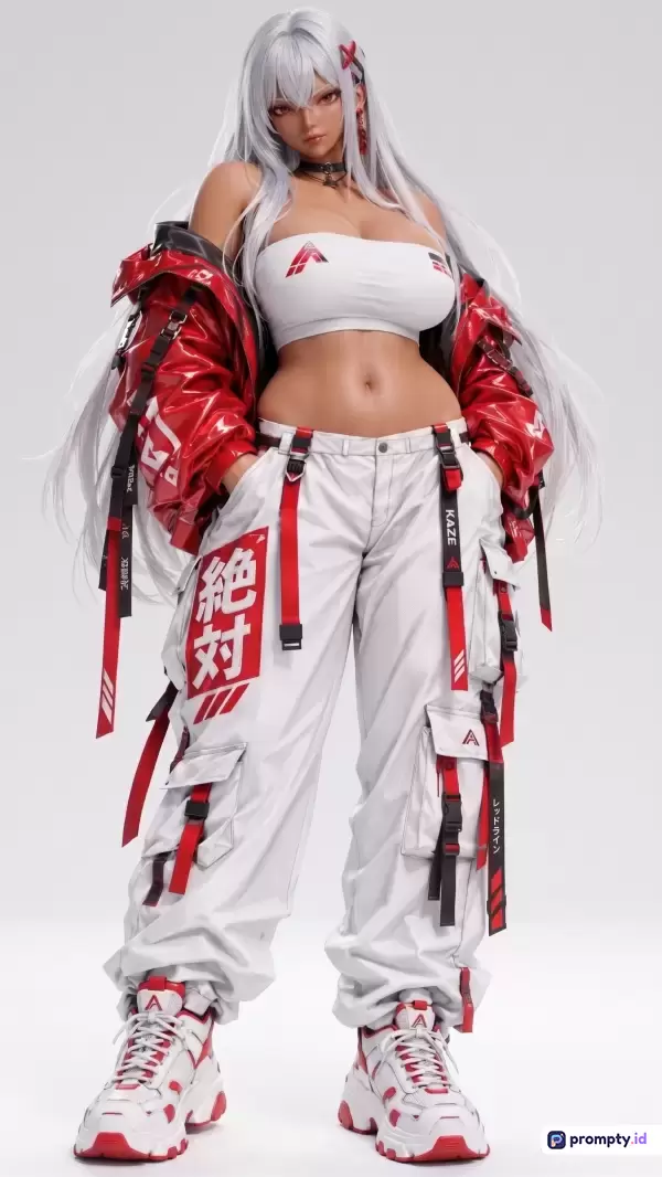 Gambar bergenre seni digital 3D modern bergaya anime ini menampilkan karakter wanita berambut putih panjang dengan pakaian *streetwear* futuristik, yang memuat kata kunci seperti karakter wanita, gaya anime, busana jalanan, seni digital, dan futuristik, didominasi oleh warna putih, merah, dan hitam.