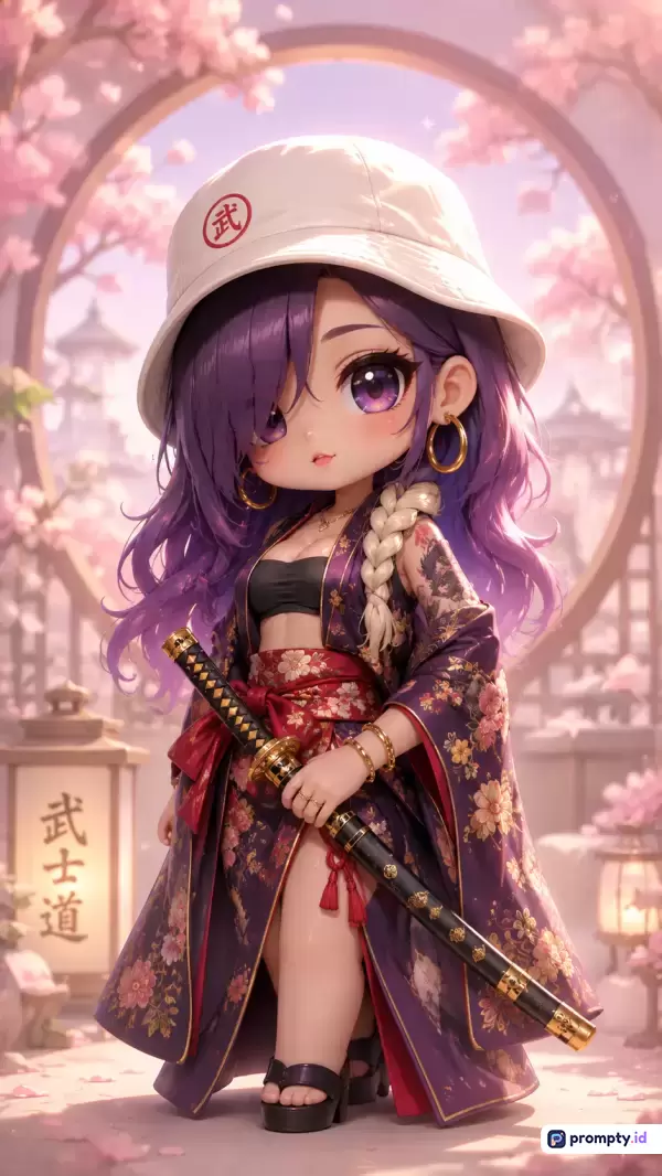 Gambar bergaya seni digital anime chibi 3D yang sangat detail ini menampilkan konten karakter wanita muda berambut ungu mengenakan topi putih, kimono floral, dan memegang katana di taman tradisional Jepang berpemandangan bunga sakura, dengan kata kunci samurai wanita, kimono ungu, chibi imut, bunga sakura, dan estetika Jepang, didominasi oleh warna ungu, merah muda, dan putih.