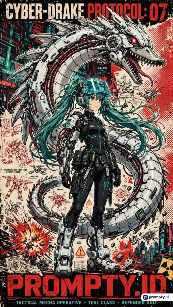 Gambar bergaya ilustrasi anime manga cyber-punk dengan gaya poster retro/vintage menampilkan karakter gadis berambut hijau teal mengenakan pakaian dan helm taktis sci-fi berdiri di depan naga mekanik raksasa putih-merah, dikelilingi oleh sketsa teknis dan latar belakang perkotaan futuristik penuh ledakan, dengan kata kunci utama Cyber-Drake, Miku, Mecha, Futuristik, Scifi, dan Anime, serta didominasi oleh tiga warna utama yaitu merah, putih, dan hijau teal.