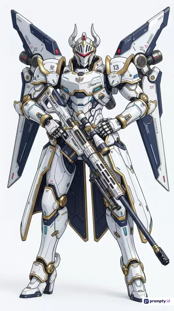 Gambar bergaya ilustrasi digital anime mecha futuristik ini menampilkan robot ksatria bersayap putih dengan senapan sniper, menggunakan palet warna dominan putih, biru gelap, dan emas, serta kata kunci: mecha, robot, ksatria, sci-fi, anime.