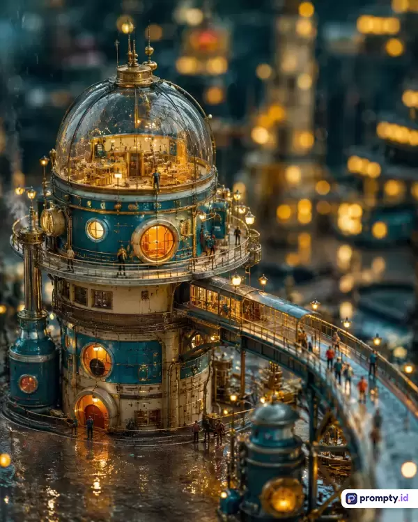 Gambar bergaya diorama miniatur surealis ini menampilkan konten kota steampunk malam hari dengan arsitektur kubah kaca, menggunakan palet warna dominan biru tua, kuning keemasan, dan cokelat perunggu, serta kata kunci miniatur, steampunk, diorama, malam hari, arsitektur, fantasi.