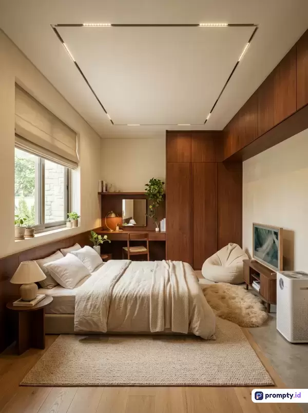Gambar ini menampilkan desain interior kamar tidur bergaya modern minimalis yang hangat dan nyaman, menampilkan konten berupa tempat tidur, meja rias, lemari kayu cokelat, dan pencahayaan LED geometris di langit-langit yang estetik; dengan kata kunci kamar tidur modern, desain interior minimalis, pencahayaan LED, kayu cokelat, dan dekorasi estetik; didominasi oleh warna cokelat kayu, putih krem, dan abu-abu terang.