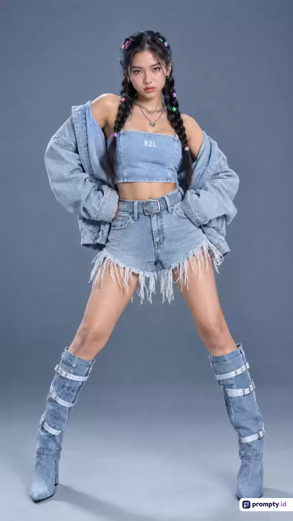Gambar fotografi potret studio bergenre fesyen modern ini menampilkan seorang wanita muda Asia berpose percaya diri dalam balutan busana serba denim yang trendi, dengan kata kunci fesyen denim, gaya jalanan, model wanita, rambut kepang, dan pakaian kasual, didominasi oleh palet warna biru denim, abu-abu, dan putih.