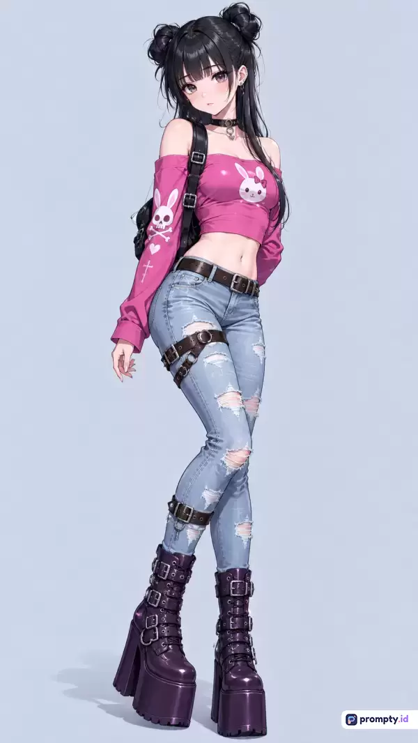 Gambar ini menampilkan ilustrasi digital bergaya anime modern dengan konten seorang gadis berambut hitam berpura-pura kasual edgy yang mengenakan atasan crop pink bermotif kelinci, celana jeans koyak, serta sepatu bot platform tinggi, dengan dominasi warna merah muda, biru muda, dan ungu tua, serta kata kunci: gadis anime, fashion edgy, gaya jalanan, crop top kelinci, jeans robek, sepatu bot platform, estetika modern.