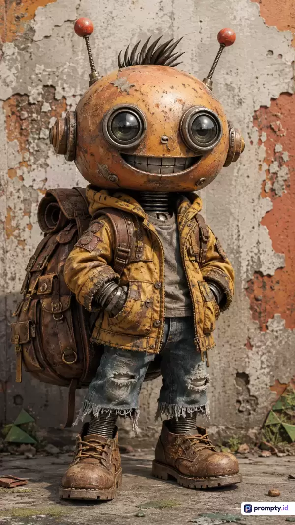 Gambar bergaya seni digital 3D sinematik ini menampilkan karakter robot humanoid bergaya petualang pasca-apokaliptik yang mengenakan jaket kuning usang, ransel besar, dan celana jeans compang-camping dengan latar dinding bertekstur lusuh, serta didominasi oleh kata kunci robot, petualang, dan distopia dengan palet tiga warna dominan yaitu kuning oranye, cokelat tanah, dan abu-abu kusam.