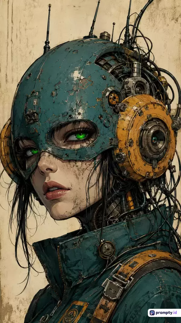 Gambar ini menampilkan gaya seni ilustrasi digital sci-fi cyberpunk yang menampilkan konten berupa potret close-up seorang wanita sibernetik berhiaskan helm tempur berkarat dengan kabel rumit, menggunakan kata kunci fiksi ilmiah, android, dan futuristik, didominasi oleh palet warna toska, kuning mustard, dan cokelat tanah dengan tiga warna dominan yaitu toska tua, kuning mustard, dan hijau zamrud.