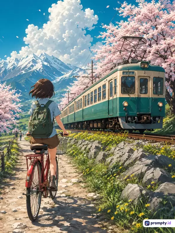 Gambar bergaya anime Ghibli ini menampilkan konten seorang anak berambut cokelat bersepeda merah di jalan setapak pedesaan dengan latar pegunungan bersalju, kereta hijau, dan bunga sakura, menggunakan kata kunci: anime, sepeda, kereta, sakura, pegunungan, serta didominasi oleh warna biru langit, hijau tumbuhan, dan merah muda bunga sakura.