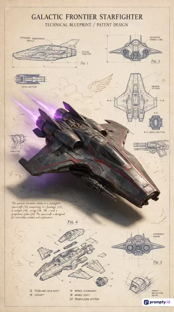 Gambar bergenre fiksi ilmiah dengan gaya desain cetak biru teknis vintage ini menampilkan konten pesawat tempur luar angkasa berdetail tinggi dengan teks deskriptif, menggunakan palet warna dominan krem, abu-abu tua, dan ungu terang, serta diperkaya dengan kata kunci seperti cetak biru, pesawat luar angkasa, teknologi masa depan, skema paten, dan sci-fi.