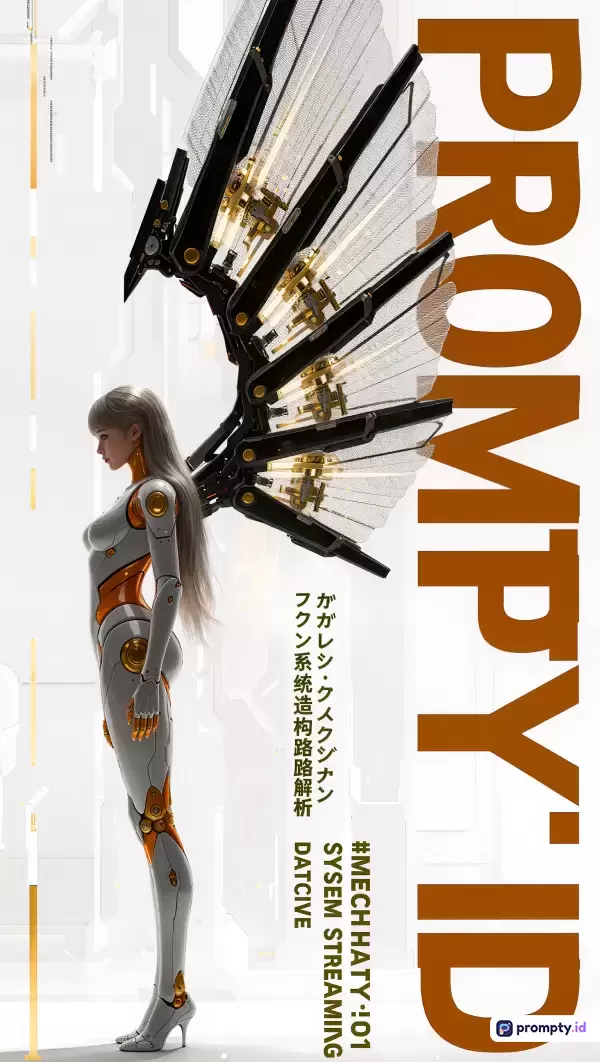 Gambar digital bergenre fiksi ilmiah modern ini menampilkan karakter cyborg wanita berambut abu-abu dengan sayap mekanis futuristik, menggunakan gaya ilustrasi 3D realistis yang dipadukan dengan tipografi vertikal teks Jepang dan Inggris PROMPY-ID, serta didominasi oleh palet warna putih, cokelat tua, dan emas.