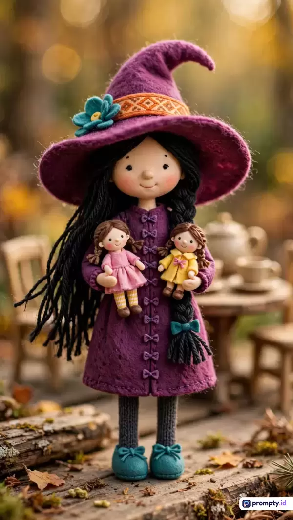 Gambar bergaya fotografi makro buatan tangan ini menampilkan boneka penyihir berambut hitam panjang dengan topi ungu besar dan gaun senada yang sedang memegang dua boneka kecil di tangan dan berlatar belakang suasana musim gugur yang kabur, dengan kata kunci boneka rajut, penyihir, buatan tangan, dekorasi, musim gugur, dan mainan, serta memiliki tiga warna dominan yaitu ungu, cokelat, dan biru toska.