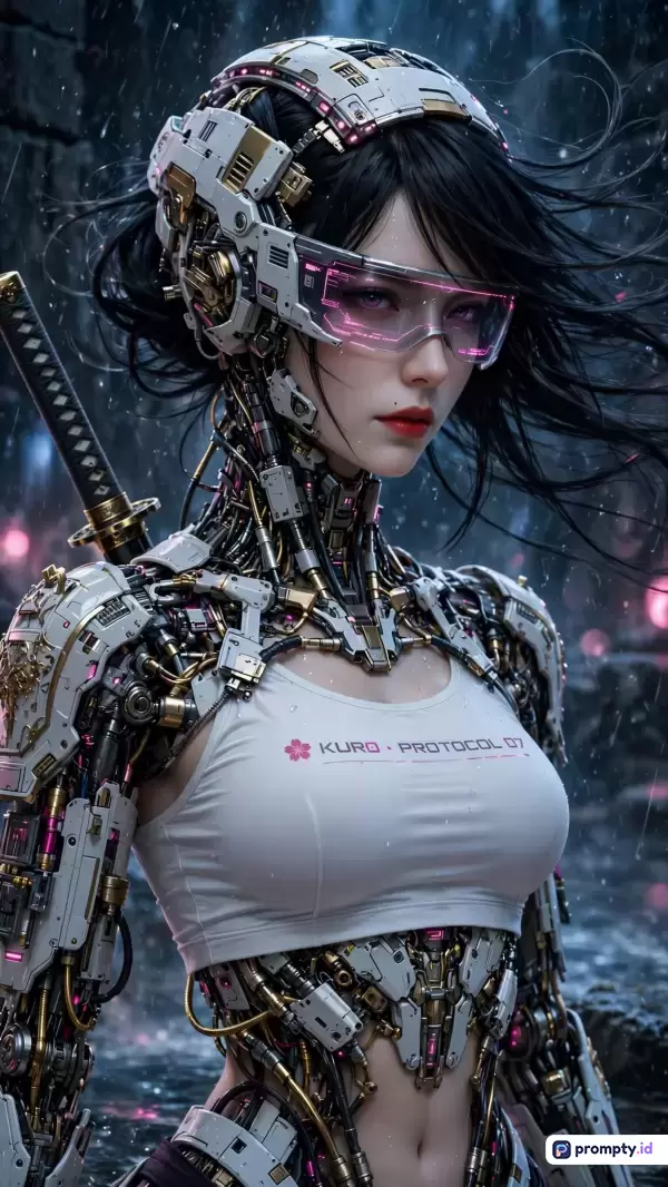 Gambar bergaya seni digital fiksi ilmiah bergenre *cyberpunk* dan *mecha* ini menampilkan konten seorang wanita cyborg berambut hitam dengan helm futuristik, kacamata visor merah muda, dan pedang katana, yang direpresentasikan melalui kata kunci seperti teknologi masa depan, robot wanita, *android*, dan *sci-fi*, serta didominasi oleh palet warna putih, hitam, dan merah muda.