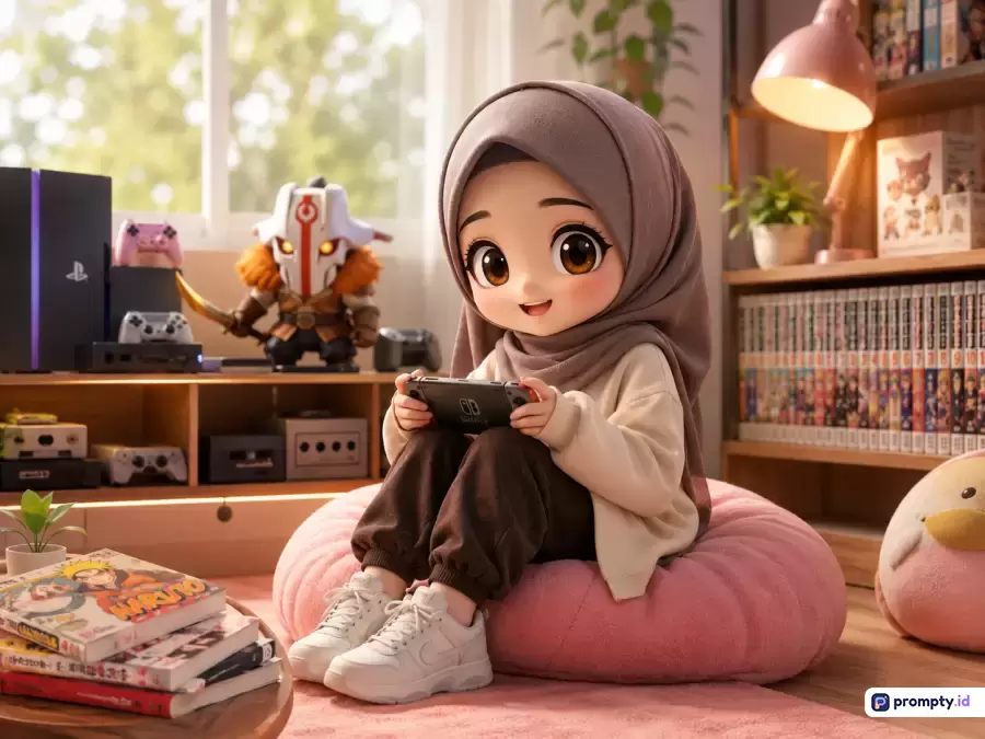 Gambar digital bergenre seni 3D chibi ini menampilkan seorang anak perempuan berhijab abu-abu ceria yang asyik bermain konsol game genggam di kamar bertema *gamer* yang hangat, dengan kata kunci utama seperti anak berhijab, *gamer* cilik, konsol *game*, kamar estetik, anime, dan dekorasi manga, serta didominasi oleh palet warna merah muda, cokelat hangat, dan krem.