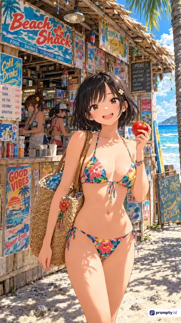 Gambar bergaya anime ceria ini menampilkan seorang gadis berambut hitam mengenakan bikini bunga warna-warni sedang memegang buah tomat di dekat kedai pantai tropis, dengan tiga warna dominan yaitu biru langit, cokelat kayu, dan merah cerah, serta kata kunci: gadis anime, pantai, bikini, kedai pantai, musim panas, tropis, liburan, dan laut.