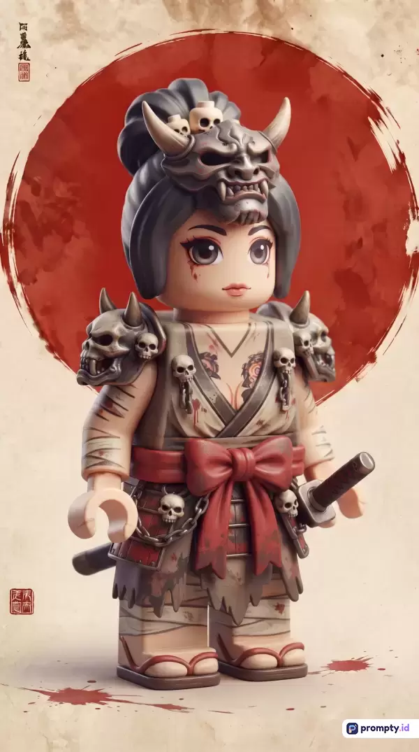 Gambar bergaya figur mainan blok 3D ini menampilkan karakter wanita samurai bertema *dark fantasy* dengan gaya rambut *topknot*, mengenakan baju zirah compang-camping berhias tengkorak serta topeng Oni, yang berlatar belakang lingkaran merah gaya kaligrafi Jepang dengan dominasi warna merah, krem, dan abu-abu, serta kata kunci: mainan lego, samurai wanita, oni, tengkorak, jepang, fantasi gelap.