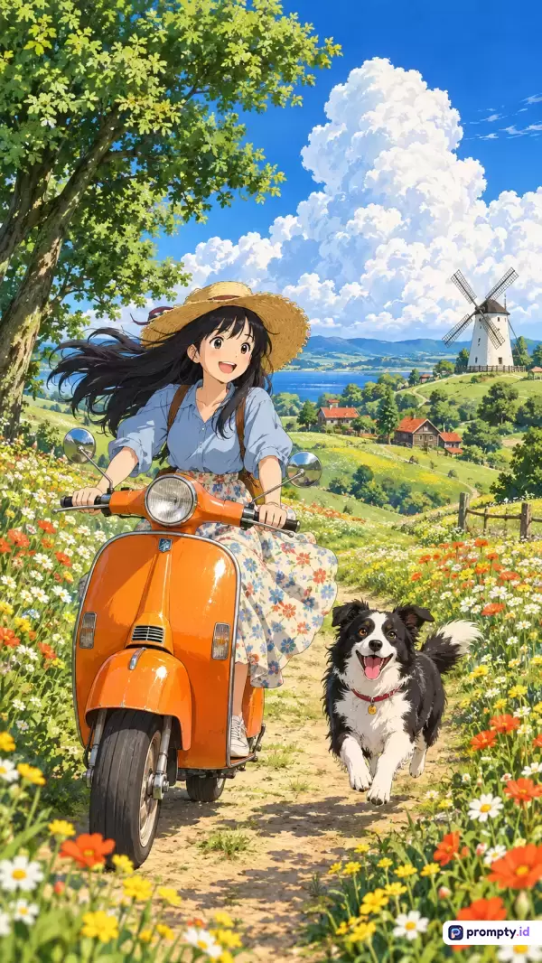 Gambar bergaya ilustrasi anime bergaya Studio Ghibli ini menampilkan seorang gadis berambut hitam memakai topi jerami sedang riang mengendarai skuter oranye di padang bunga yang cerah bersama seekor anjing Border Collie hitam-putih yang berlari gembira di sampingnya dengan latar pemandangan pedesaan asri berlatar langit biru awan kumulus putih dan kincir angin, serta dikuasai oleh warna dominan biru, oranye, dan hijau dengan kata kunci gadis, skuter oranye, anjing, padang bunga, kincir angin, anime, pedesaan, musim panas.