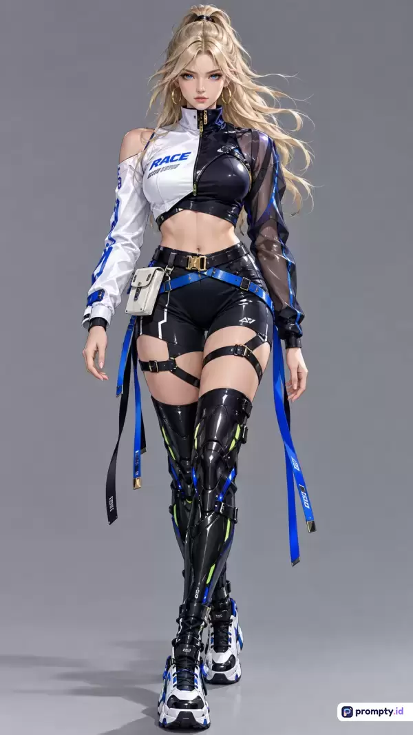 Gambar bergaya seni digital modern beresolusi tinggi ini menampilkan karakter wanita fiksi berambut pirang dengan gaya busana futuristik dan sporty yang mengenakan jaket asimetris hitam-putih, celana pendek ketat, serta sepatu bot mekanis, dengan kata kunci karakter anime, sci-fi, fashion cyberpunk, dan ilustrasi digital, didominasi oleh palet warna hitam, putih, dan biru, serta dilengkapi tiga warna dominan yaitu hitam, putih, dan biru.