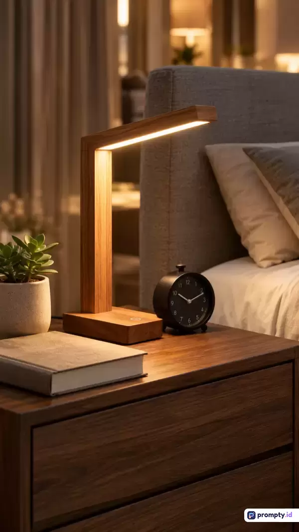 Gambar bergaya fotografi interior realistis ini menampilkan suasana kamar tidur hangat dengan konten lampu meja kayu LED minimalis, jam weker hitam, buku, dan tanaman hias di atas nakas kayu, menggunakan kata kunci lampu tidur, dekorasi kamar, minimalis, estetik, dan kayu, didominasi oleh warna cokelat, krem, dan hitam.