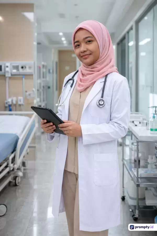 Gambar fotografi profesional ber-gaya potret medis ini menampilkan seorang dokter wanita muda berhijab merah muda, mengenakan jas putih dan stetoskop sambil memegang tablet digital di koridor rumah sakit modern, dengan kata kunci dokter muslim, teknologi medis, perawatan kesehatan, dan latar belakang fasilitas klinis, didominasi oleh warna putih, merah muda, dan krem.