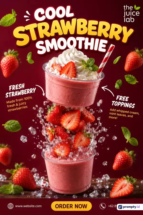 Gambar bergaya iklan komersial modern ini menampilkan konten promosi Cool Strawberry Smoothie dari merek The Juice Lab dengan gaya fotografi makanan dinamis yang dikelilingi elemen segar seperti stroberi utuh, potongan buah, daun mint, dan cipratan es, serta menggunakan kata kunci seperti smoothie stroberi, segar, krim kocok, dan promosi, dengan palet warna dominan merah tua, putih, dan kuning.