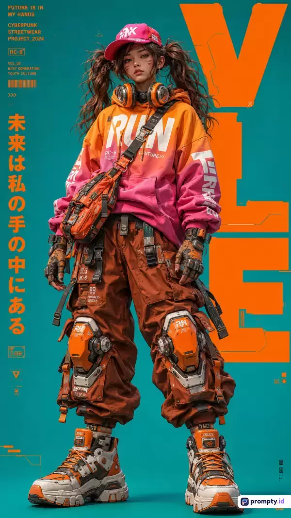 Gambar ber-gaya ilustrasi digital cyberpunk ini menampilkan konten karakter wanita muda bergaya streetwear futuristik dengan tiga warna dominan yaitu oranye, hijau teal, dan merah muda, serta kata kunci: fesyen masa depan, pakaian jalanan, gadis anime, teknologi sci-fi, dan poster urban.