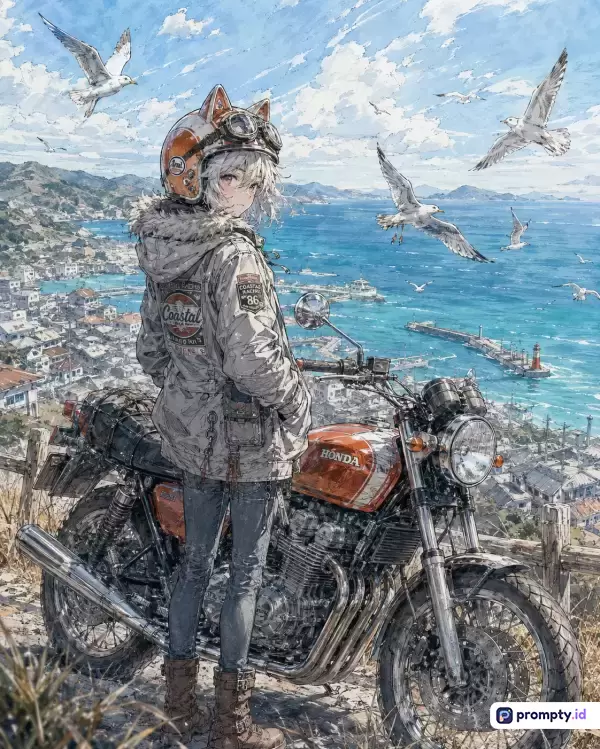Gambar bergaya ilustrasi anime detail ini menampilkan konten seorang gadis berambut putih mengenakan helm telinga kucing dan jaket musim dingin yang berdiri di samping sepeda motor klasik Honda di atas bukit menghadap ke kota pesisir dan laut biru, menggunakan kata kunci anime, gadis motor, laut, pemandangan pesisir, honda klasik, burung cemar, ilustrasi detail, dengan tiga warna dominan yaitu biru laut, jingga terang, dan abu-abu putih.