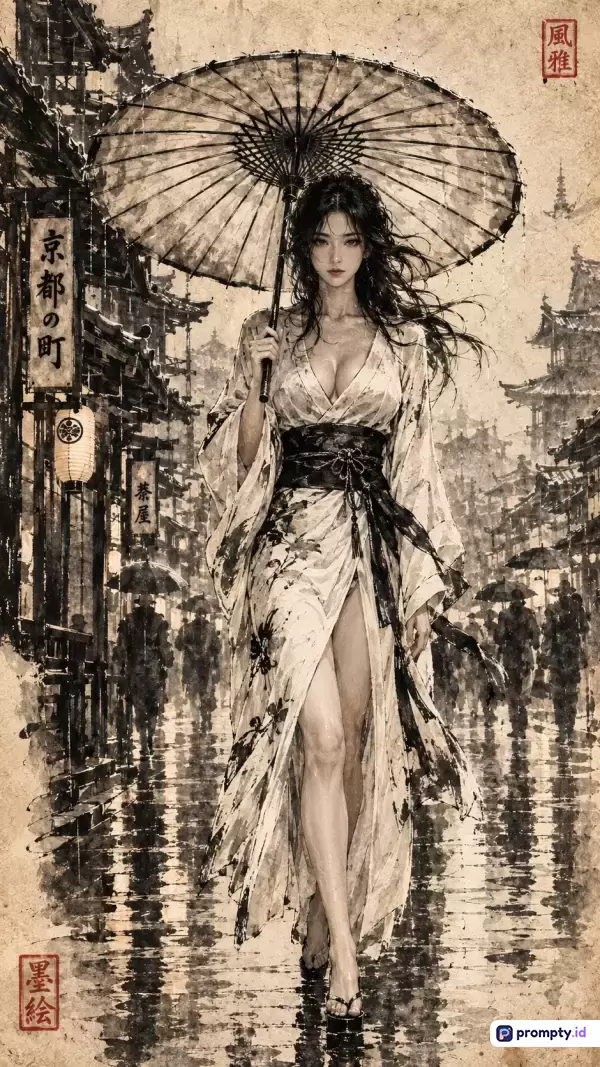 Gambar digital bernuansa seni lukis tinta sumi-e klasik ini menampilkan konten wanita berambut hitam panjang mengenakan yukata belah tinggi sambil memegang payung kertas di jalanan kota Kyoto bersejarah yang basah diguyur hujan, dengan dominasi warna cokelat tua, krem, dan hitam, serta kata kunci: wanita cantik, kimono tradisional, payung jepang, jalanan kyoto, seni tinta, hujan, klasik, estetika asia, orientalis, karya seni.