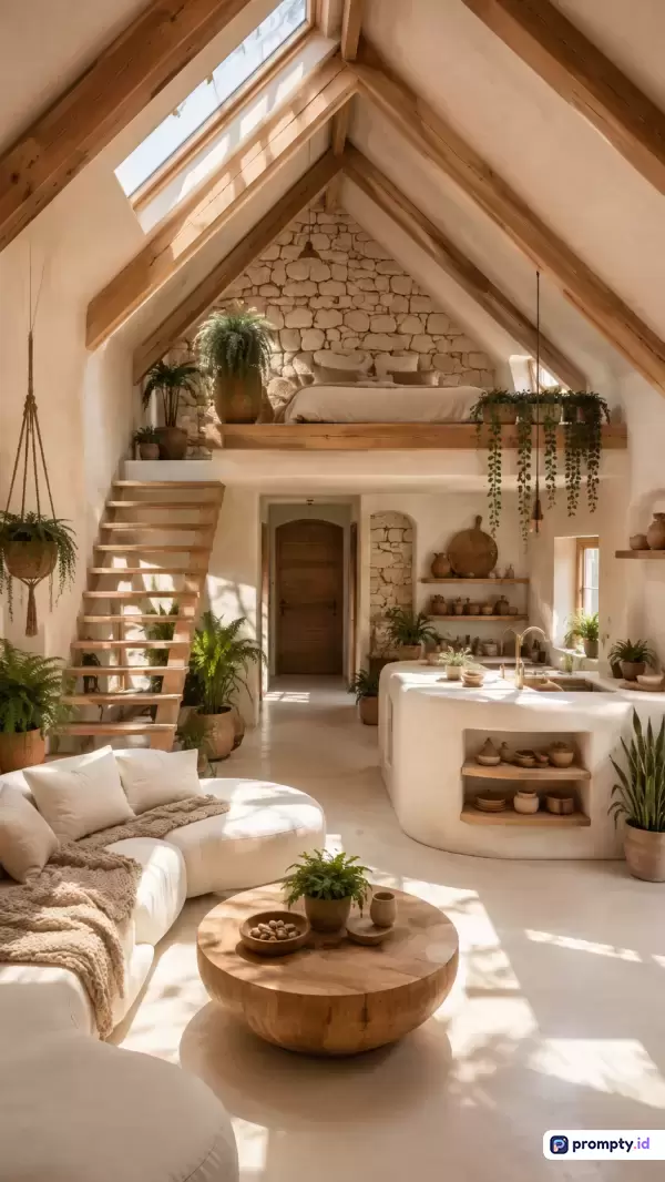 Gambar ini menampilkan desain interior bergaya rustic bohemian yang hangat dengan konten ruang tamu terbuka dan loteng tidur, menggunakan palet warna dominan cokelat kayu, krem, dan hijau alami, serta dilengkapi kata kunci dekorasi loteng, rumah pedesaan, pencahayaan alami, dan tanaman hias.