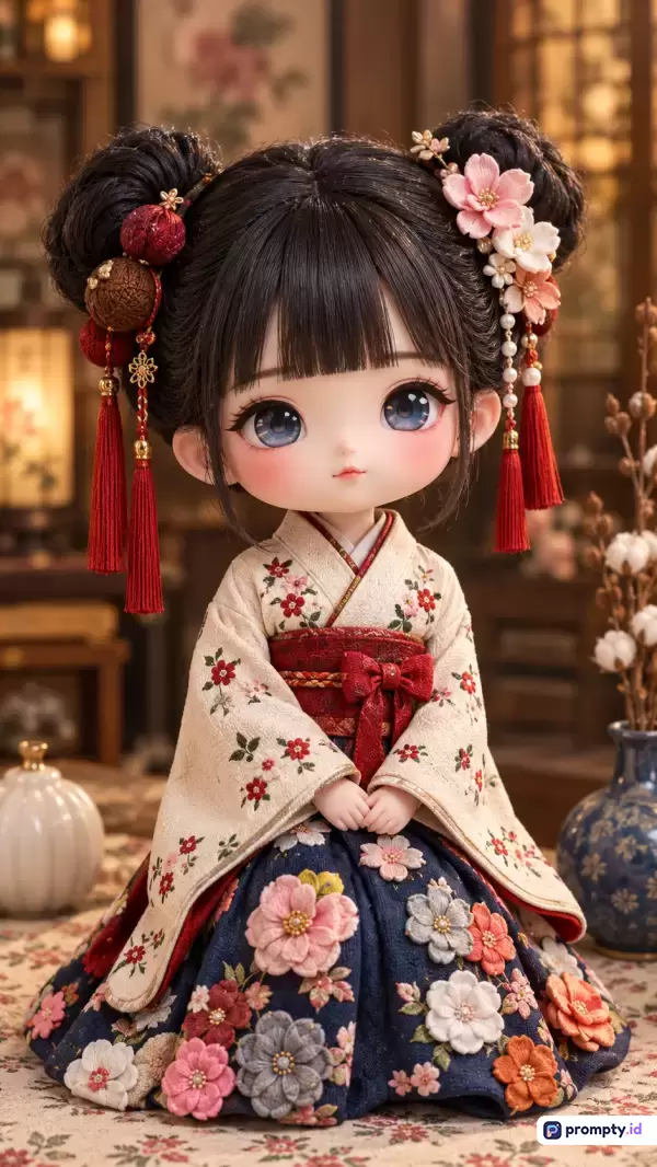 Gambar berkonsep seni digital dan boneka bergaya chibi ini menampilkan konten figur anak perempuan berambut gulung dengan hiasan bunga sakura dan jepit tradisional, mengenakan kimono bermotif bunga krem dan biru tua, yang diperkaya dengan kata kunci boneka asia, tradisional, estetik, dan budaya, serta didominasi oleh palet warna merah, krem, dan biru tua.