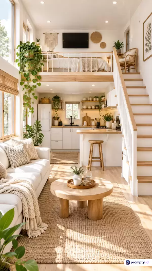 Gambar ini menampilkan desain interior bergaya Skandinavia-Jepang (Japandi) yang modern dan fungsional, menampilkan konten rumah minimalis berkonsep *mezzanine* dengan ruang tamu, dapur terbuka, serta kamar tidur di lantai atas yang kaya akan elemen kayu terang dan tanaman hias hijau, dengan kata kunci desain interior, rumah kecil, *mezzanine*, minimalis, modern, Skandinavia, Japandi, ruang tamu, dekorasi tanaman, dan kayu, didominasi oleh palet warna putih, cokelat kayu, dan krem, serta mencakup tiga warna dominan yaitu putih gading, cokelat muda natural, dan krem hangat.