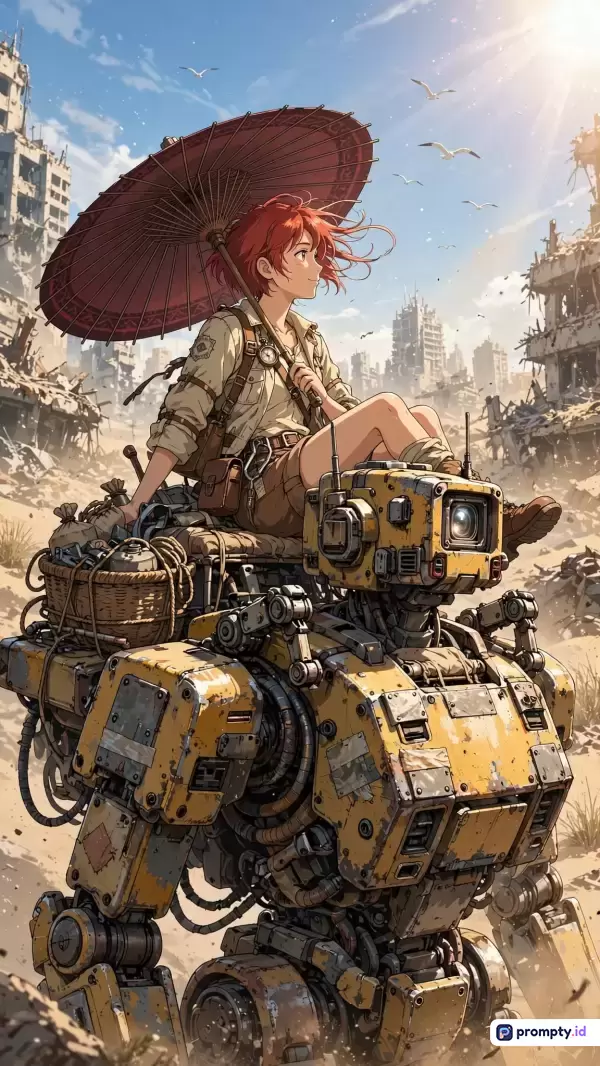 Gambar bergaya anime digital ini menampilkan seorang wanita berambut merah dengan payung merah sedang duduk di atas robot kuning tua berkarat di tengah lanskap reruntuhan pasca-apokaliptik yang dipenuhi puing-puing bangunan, dengan kata kunci fiksi ilmiah, penjelajah, kehancuran, dan masa depan, didominasi oleh warna kuning, merah, dan cokelat, serta menggambarkan suasana petualangan sunyi yang epik di dunia dystopian.