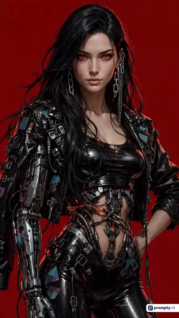 Gambar ini menampilkan ilustrasi digital bergaya fiksi ilmiah dengan subjek seorang wanita cyborg berambut hitam panjang dan bermata merah menyala, mengenakan pakaian lateks hitam mengilap serta jaket kulit berhiaskan komponen mekanik canggih dan lengan robotik, yang direpresentasikan melalui kata kunci cyborg, fiksi ilmiah, futuristik, wanita, dan teknologi, didominasi oleh warna merah, hitam, dan perak.