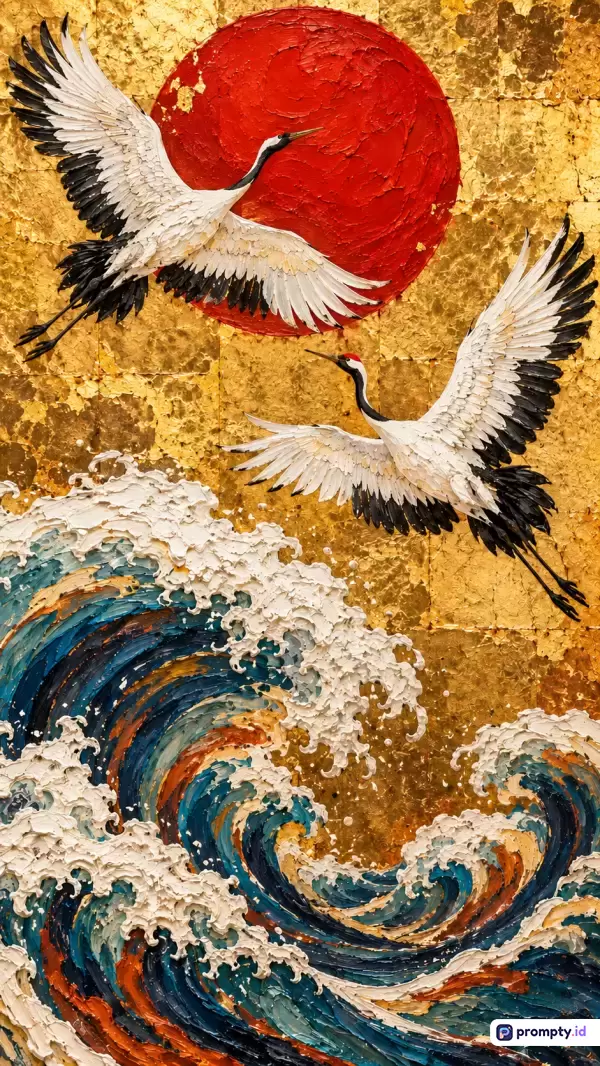Lukisan seni tekstur impasto gaya Jepang ini menampilkan konten dua burung bangau terbang di atas ombak laut bergolak dengan latar matahari merah dan latar belakang emas, menggunakan kata kunci estetika Jepang, lukisan tebal, bangau, ombak, matahari merah, seni oriental, dan dekorasi dinding, serta didominasi oleh warna emas, merah, dan biru tua.