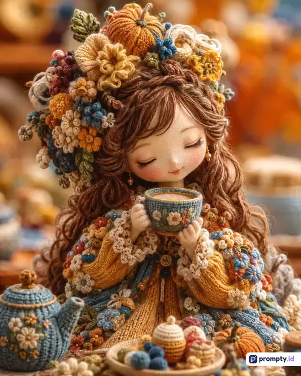 Gambar bergaya boneka rajut tangan amigurumi ini menampilkan konten seorang gadis berambut cokelat keriting yang sedang memegang cangkir teh di antara dekorasi labu dan bunga rajutan, dengan kata kunci boneka rajut, amigurumi, gadis musim gugur, teh, bunga rajut, dan labu, serta didominasi oleh warna cokelat, kuning mustard, dan biru tua.