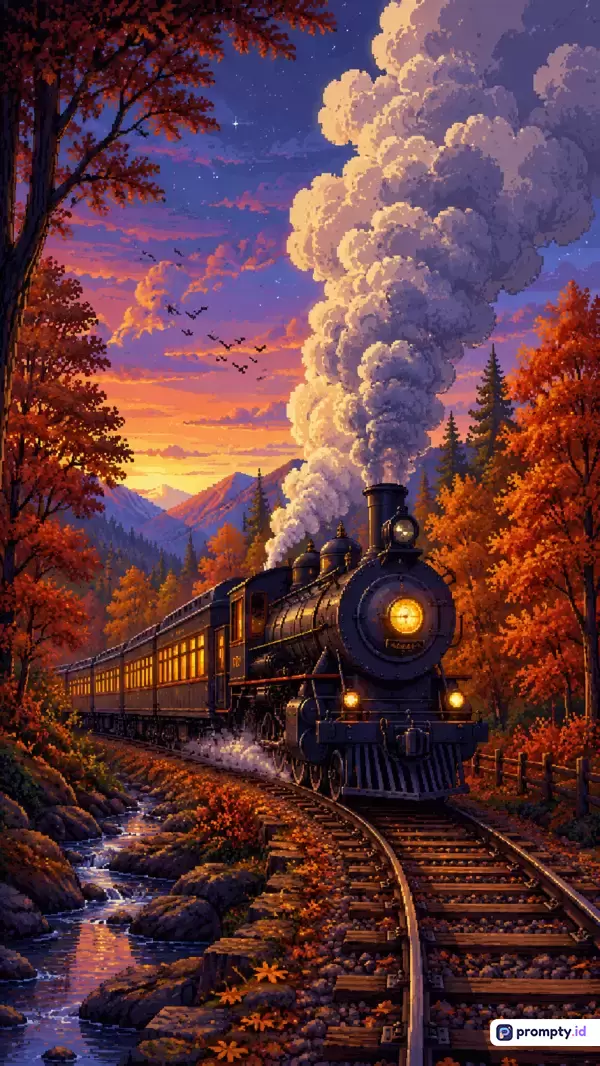 Gambar ini merupakan karya seni digital bergaya *pixel art* yang sangat detail, menampilkan konten berupa pemandangan alam musim gugur yang indah dengan kereta uap klasik berjalan di atas rel di sisi sungai berbatu, diiringi kepulan asap putih tebal menuju langit senja yang dramatis, dengan kata kunci utama seperti kereta uap, musim gugur, pixel art, senja, dan rel kereta, serta didominasi oleh palet warna jingga, biru tua, dan cokelat.