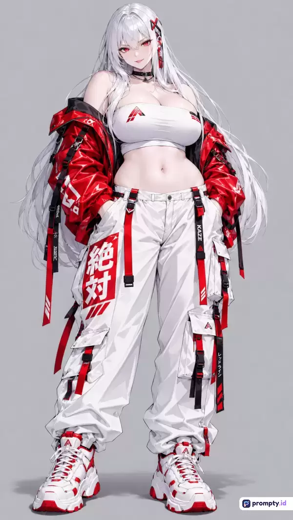 Gambar berformat digital art gaya anime modern ini menampilkan karakter wanita berambut putih panjang dengan mata merah, mengenakan pakaian streetwear futuristik berupa jaket merah mengkilap, crop top putih, dan celana kargo putih dengan aksen strap hitam-merah serta sepatu kets chunky, dengan kata kunci karakter anime, wanita cantik, rambut putih, pakaian jalanan, gaya futuristik, fesyen modern, ilustrasi digital, dan tiga warna dominannya adalah putih, merah, serta hitam.