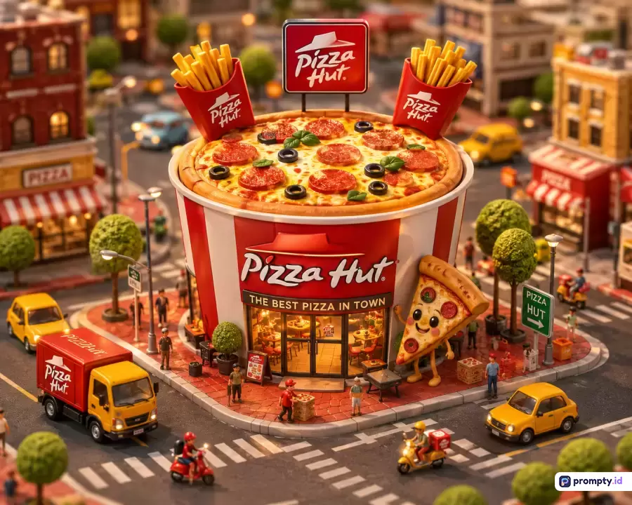 Gambar bergaya diorama miniatur 3D hiperrealistik ini menampilkan restoran Pizza Hut imajinatif berbentuk ember raksasa bergaris merah-putih di tengah kota kecil, dengan konten visual yang mencakup pizza pepperoni utuh di atap, kentang goreng berlogo, maskot potongan pizza lucu, mobil-mobil, dan pejalan kaki mainan, menggunakan kata kunci Pizza Hut, diorama, miniatur, restoran, dan kota, serta didominasi oleh warna merah, putih, dan kuning.