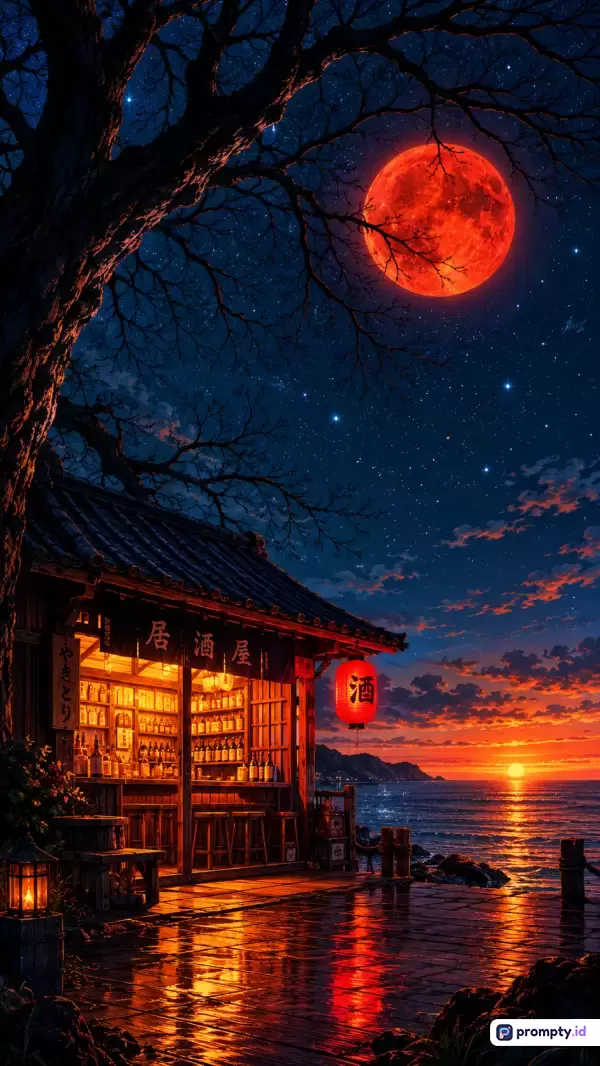 Gambar bergaya ilustrasi anime digital ini menampilkan kedai Jepang tepi laut saat senja dengan bulan merah besar dan langit berbintang, yang memuat kata kunci seperti izakaya, malam, bulan purnama, laut, dan lentera merah, serta didominasi oleh warna biru tua, jingga, dan merah.