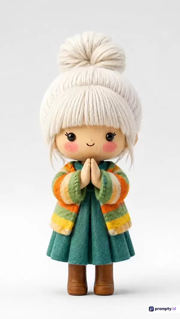 Gambar bergaya seni boneka rajut tangan ini menampilkan konten berupa figur anak perempuan berambut benang putih ber-bun besar yang sedang berdoa, menggunakan kata kunci boneka rajut, handmade, chibi, berdoa, dan estetika hangat, dengan dominasi warna putih, hijau toska, dan oranye.