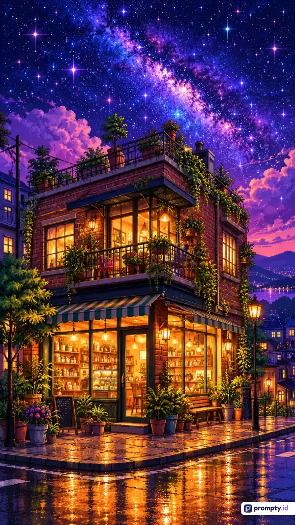 Gambar bergaya ilustrasi digital anime ini menampilkan sebuah toko bata dua lantai yang hangat dan estetis di malam hari dengan latar langit berbintang serta galaksi ungu yang memukau, diperkaya oleh kata kunci seperti kafe malam, lampu hangat, dan tanaman hias, didominasi oleh warna ungu, kuning keemasan, dan biru tua.