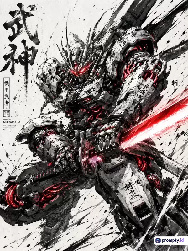Gambar ini menampilkan ilustrasi digital bergaya sketsa tinta hitam-putih dengan sentuhan kaligrafi Jepang dan cipratan cat, menampilkan konten robot mecha futuristik bergaya samurai yang sedang menghunus pedang bercahaya merah, dengan kata kunci mecha, robot, samurai, manga, sci-fi, dan pedang, serta didominasi oleh tiga warna utama yaitu putih, hitam, dan merah.