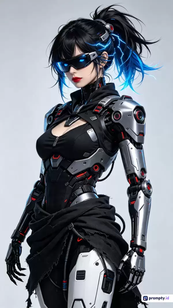 Gambar bergaya seni digital anime futuristik ini menampilkan konten seorang wanita cyborg berambut kuncir kuda hitam dengan aksen biru elektrik dan kacamata siber, menggunakan kata kunci seperti sci-fi, cyberpunk, robot, android, fiksi ilmiah, dan teknologi masa depan, didominasi oleh palet warna hitam, perak, dan biru.